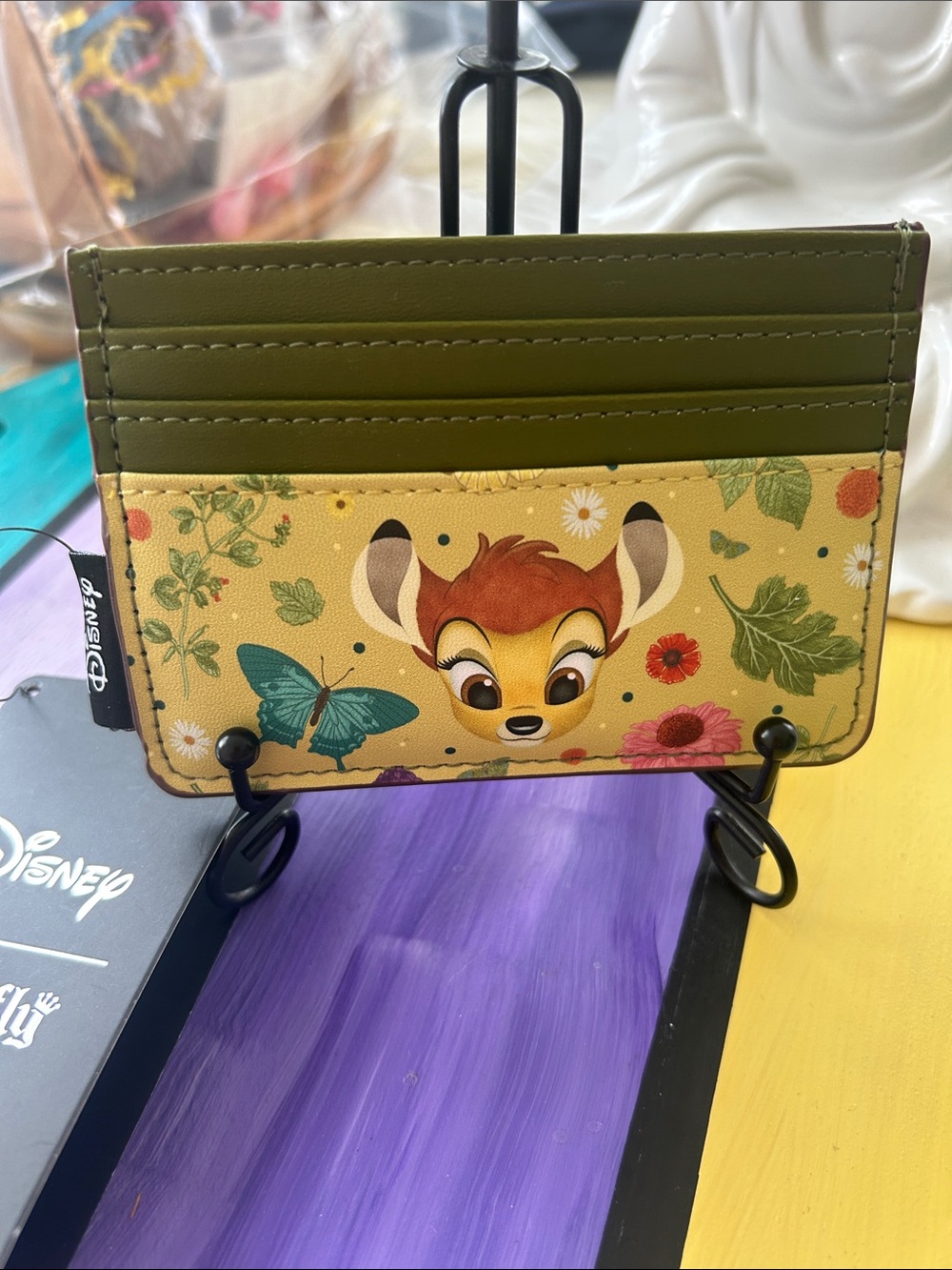 Disney Loungefly Bambi Floral Cardholder in Olive Green and Yellow 4.5”x 3” NWT
